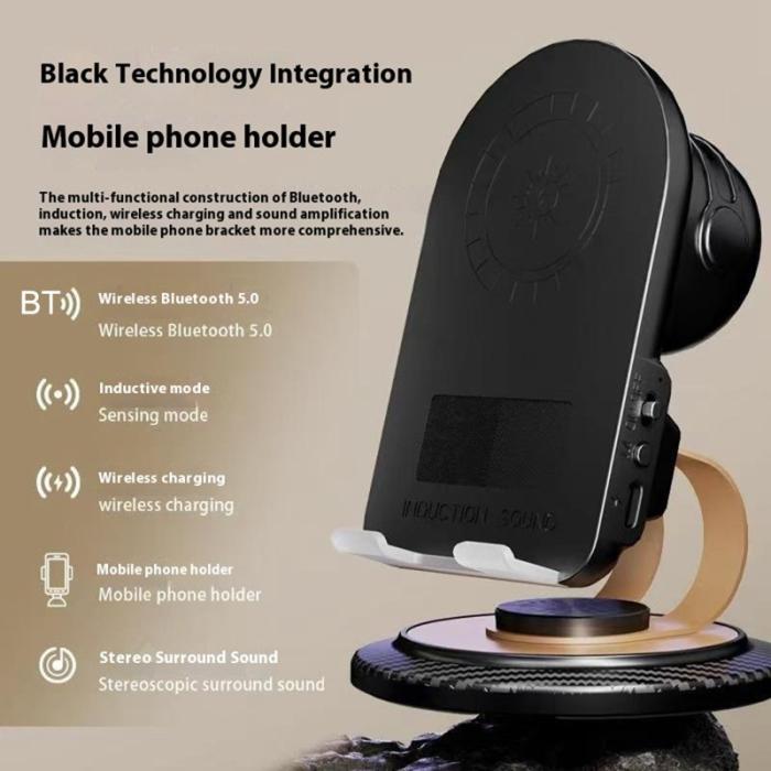 OEM - Trådlös laddare 15W med telefonhållare och sensorhögtalare, svart