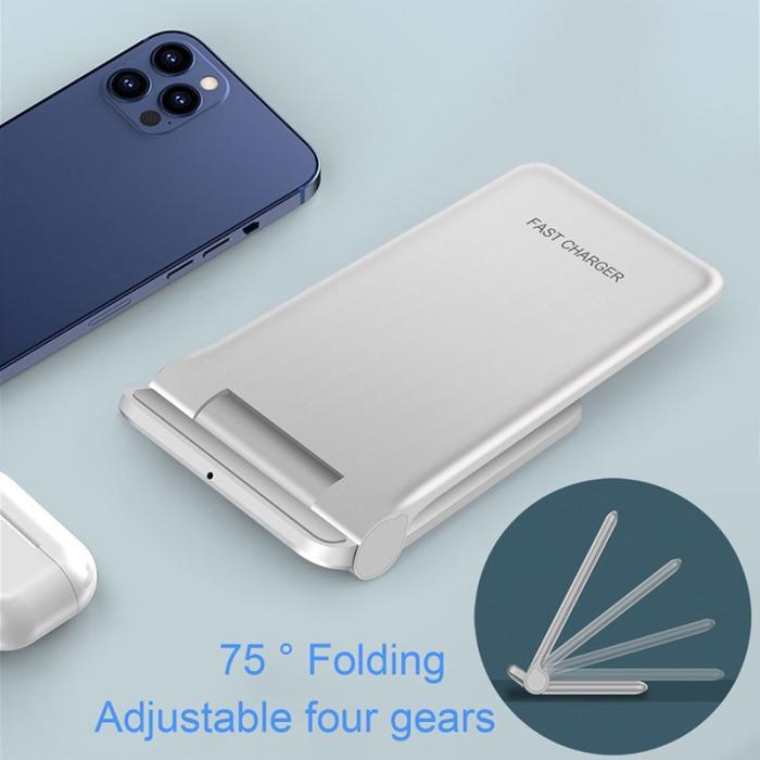 OEM - Trådlös laddare 2 i 1 med vikbart stativ, snabb laddning - Vit