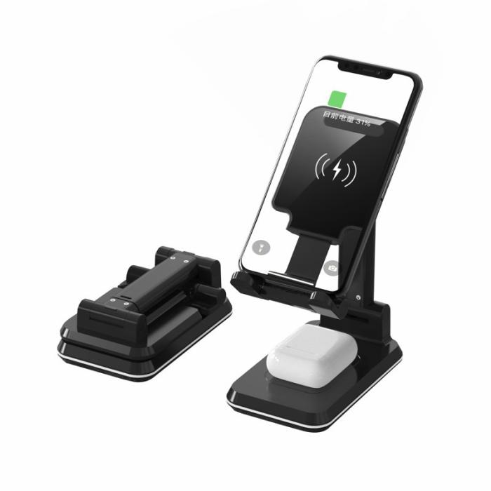 OEM - Trådlös laddare 2-i-1 Ställ 10W Fällbar Snabbladdning Telefon Hörlurar - Svart