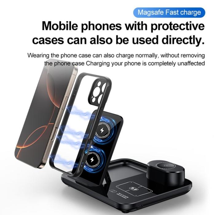 OEM - Trådlös laddare 3-i-1 för smartphone, smartwatch och hörlurar, svart