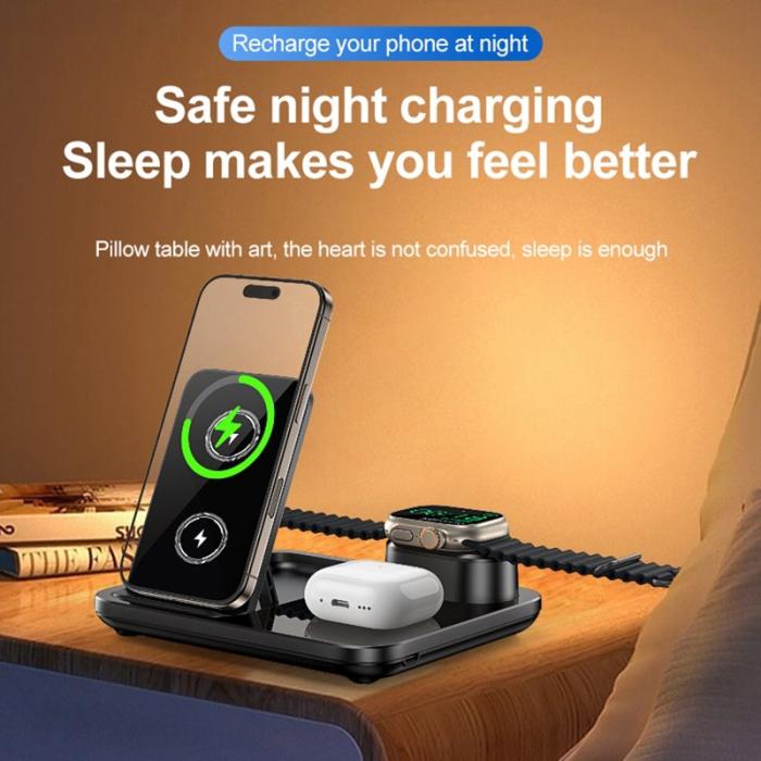 OEM - Trådlös laddare 3-i-1 för smartphone, smartwatch och hörlurar, svart