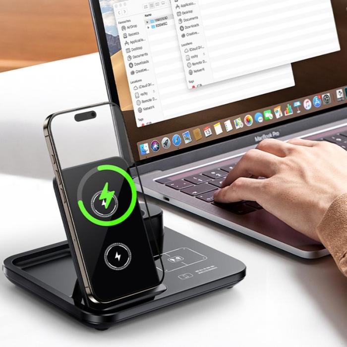 OEM - Trådlös laddare 3-i-1 för smartphone, smartwatch och hörlurar, svart