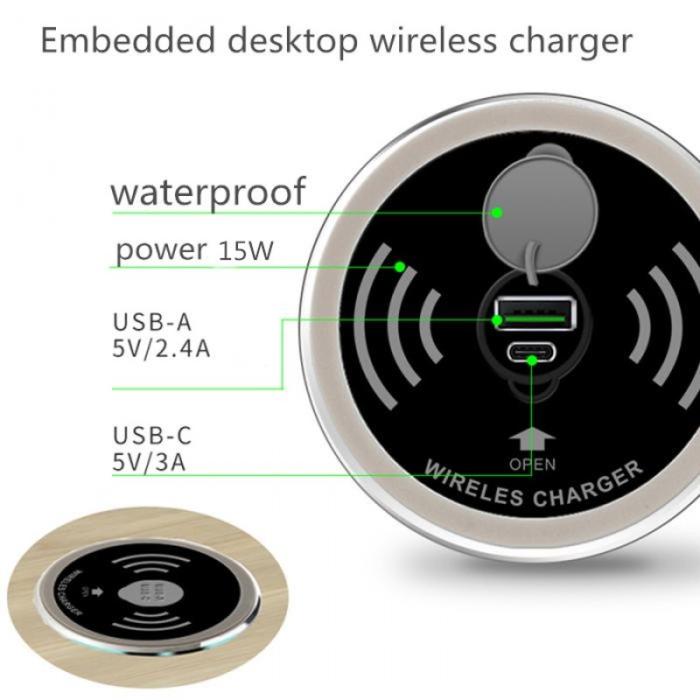 OEM - Trådlös laddare Embedded Desktop 15W med USB-A och USB-C portar