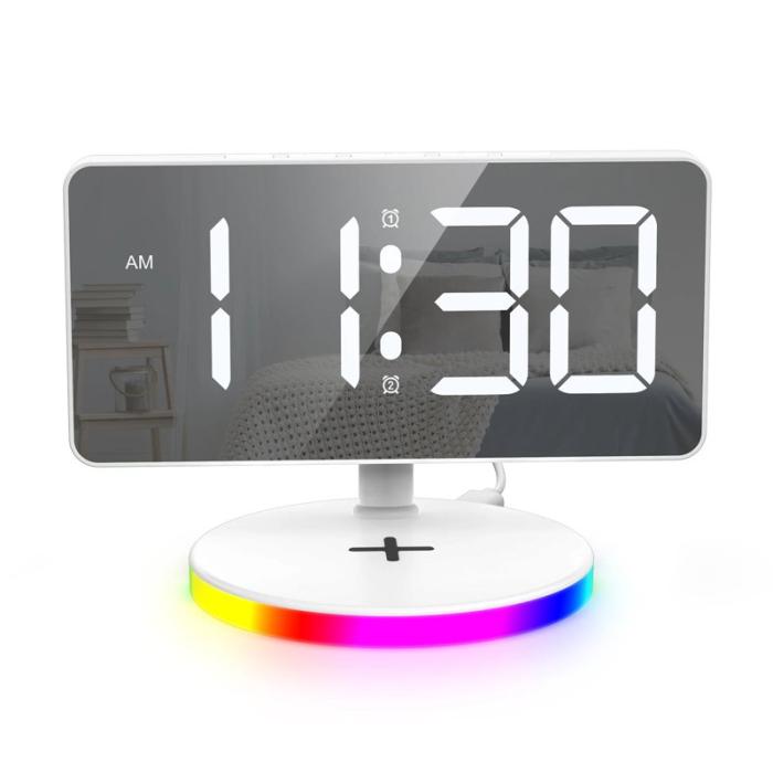OEM - TS-3001X-B Spegel yta Digital LED-klocka 15W Trådlös laddare RGB Nattljus - Vit