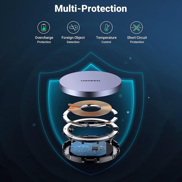 OEM - UGREEN 30233 Bärbar Magnetisk Trådlös Laddare med 1,5m USB C-kabel, Svart