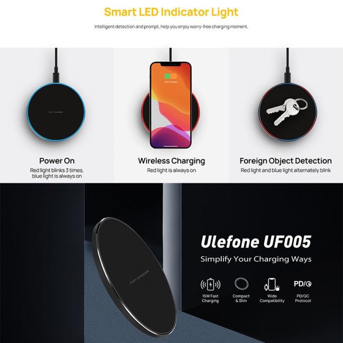 OEM - ULEFONE UF005 Rund Trådlös Laddare 15W Snabbladdning 6.5mm Tunn