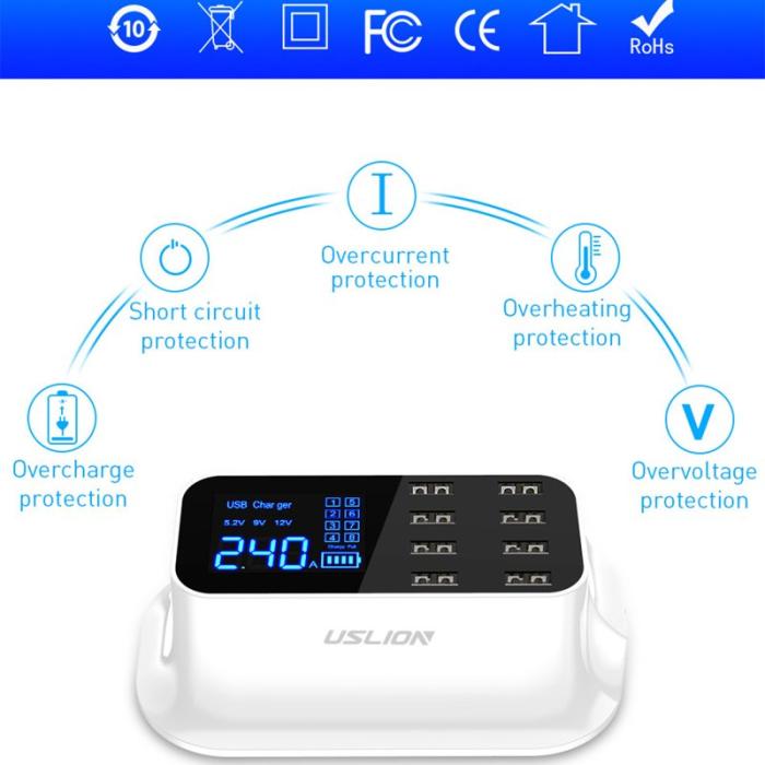 OEM - USLION US0112 Kreativ LED-display 8-portars USB-laddare Snabbladdare