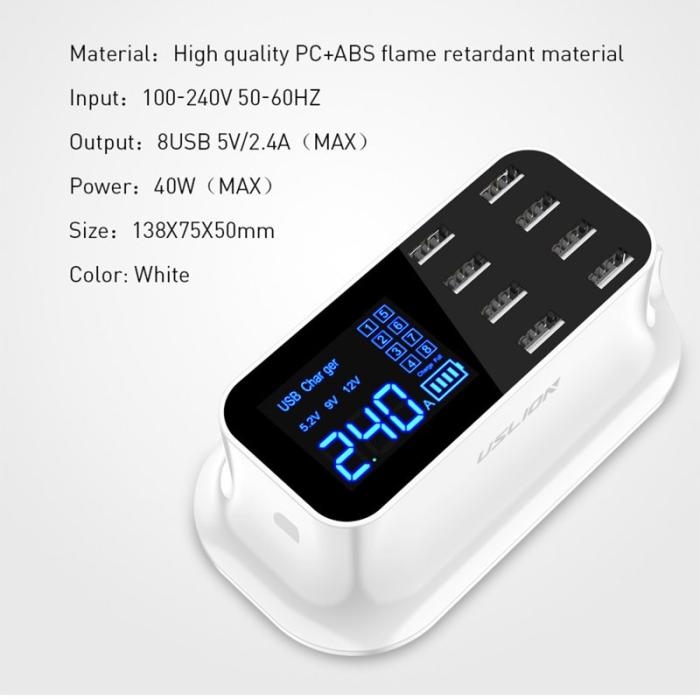 OEM - USLION US0112 Kreativ LED-display 8-portars USB-laddare Snabbladdare