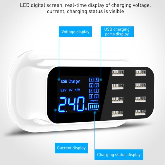 OEM - USLION US0112 Kreativ LED-display 8-portars USB-laddare Snabbladdare