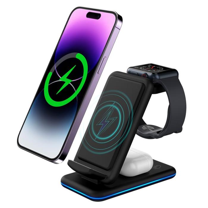 OEM - V15 3-i-1 Fällbar Trådlös Laddare 15W för Mobil/Hörlurar/Klocka - Svart