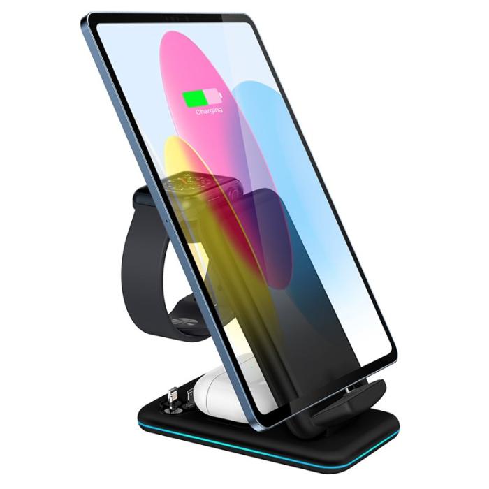 OEM - V15 3-i-1 Fällbar Trådlös Laddare 15W för Mobil/Hörlurar/Klocka - Svart