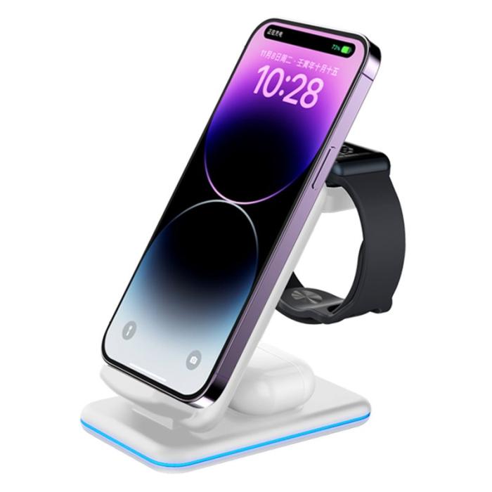 OEM - V15 3-i-1 Fällbar Trådlös Laddare för Mobil / Hörlurar / Klocka 15W - Vit