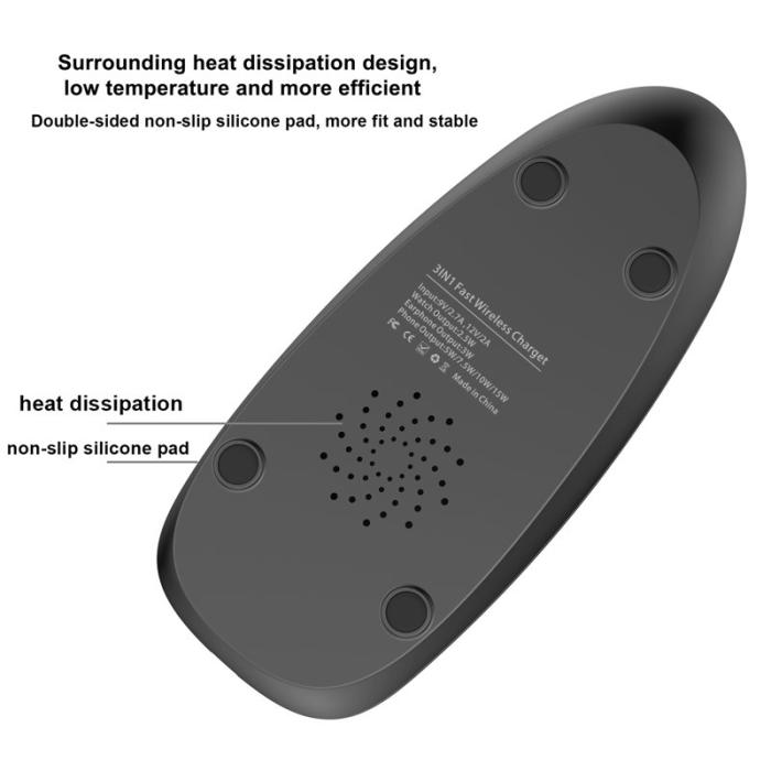 OEM - V9 3-i-1 Magnetisk Fällbar Trådlös Laddare med LED-ljus - Svart