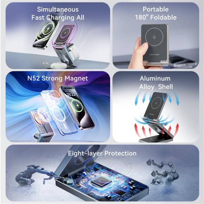 OEM - VENTION FGF Series 3-i-1 15W Snabbladdare för Mobil, Klocka, Hörlurar