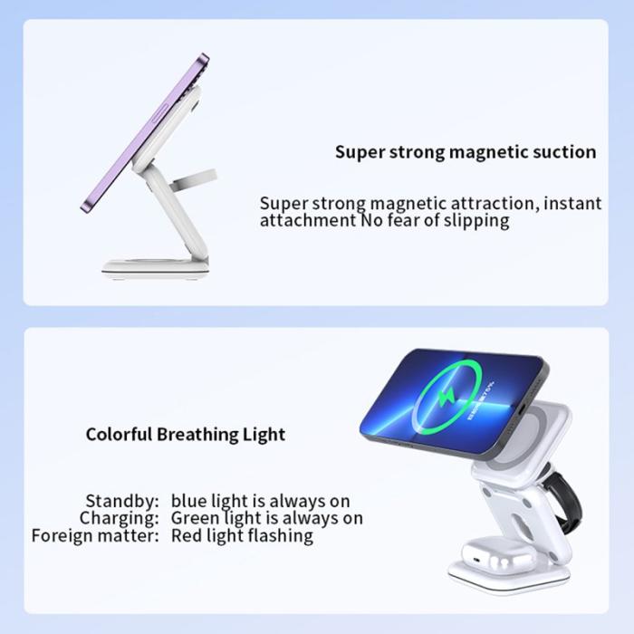 OEM - W02 3-i-1 Fällbar Magnetisk Trådlös Laddare Dock, Svart