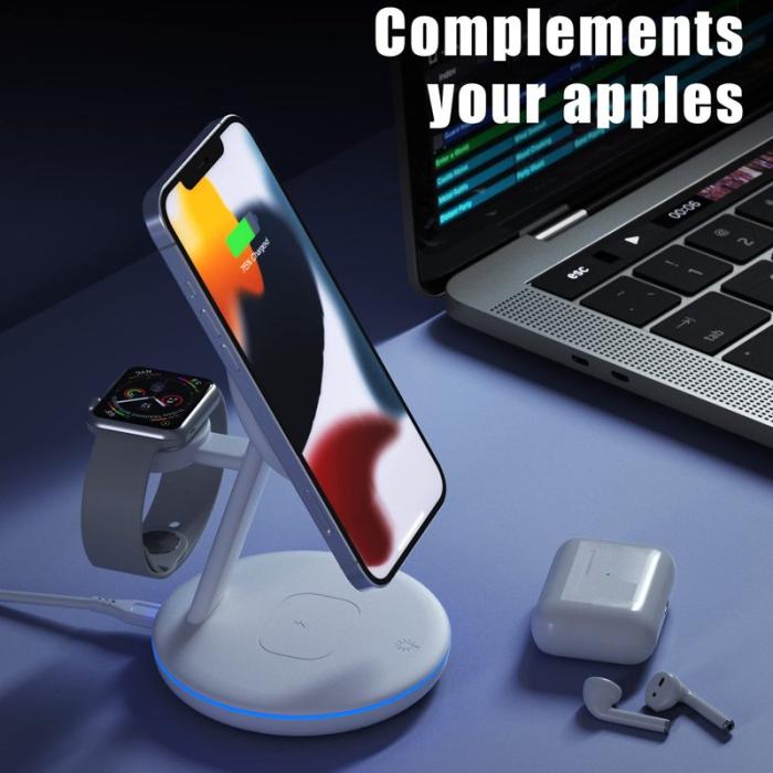 OEM - W309 3-i-1 15W Max Magnetisk Trådlös Laddare med Ambient Light