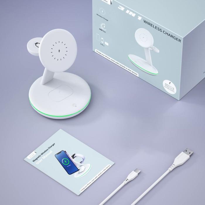 OEM - W309 3-i-1 15W Max Magnetisk Trådlös Laddare med Ambient Light