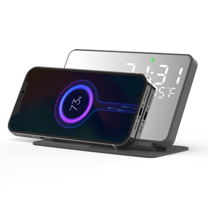 OEM - W669B Digital väckarklocka 2-i-1 15W trådlös laddare spegelklocka