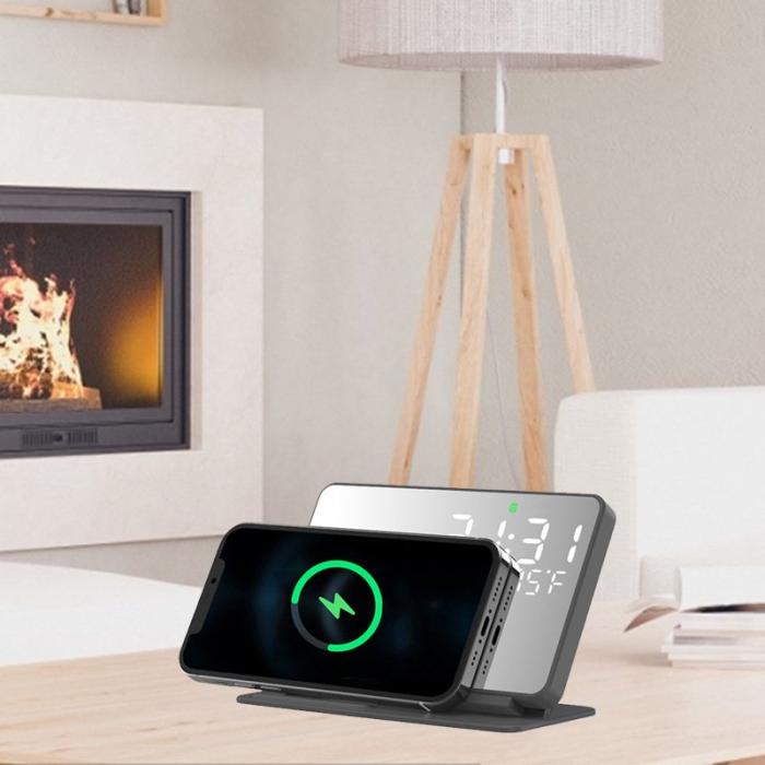 OEM - W669B Digital väckarklocka 2-i-1 15W trådlös laddare spegelklocka