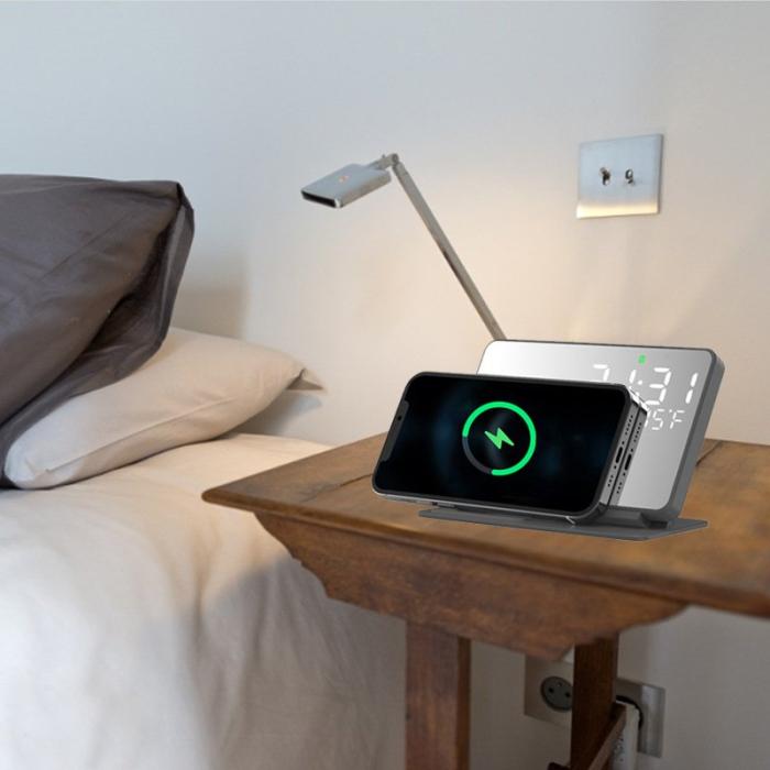 OEM - W669B Digital väckarklocka 2-i-1 15W trådlös laddare spegelklocka