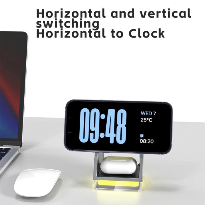 OEM - W83 3-i-1 Magnetisk Trådlös Laddare med Kristall Nattljus - Svart