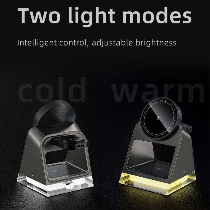 OEM - W83 3-i-1 Magnetisk Trådlös Laddare med Kristall Nattljus - Svart