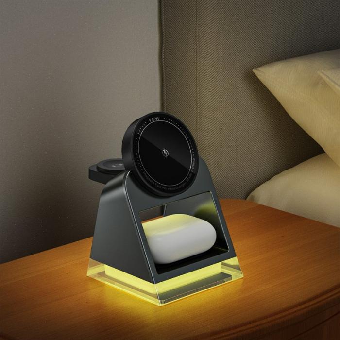 OEM - W83 3-i-1 Magnetisk Trådlös Laddare med Kristall Nattljus - Svart