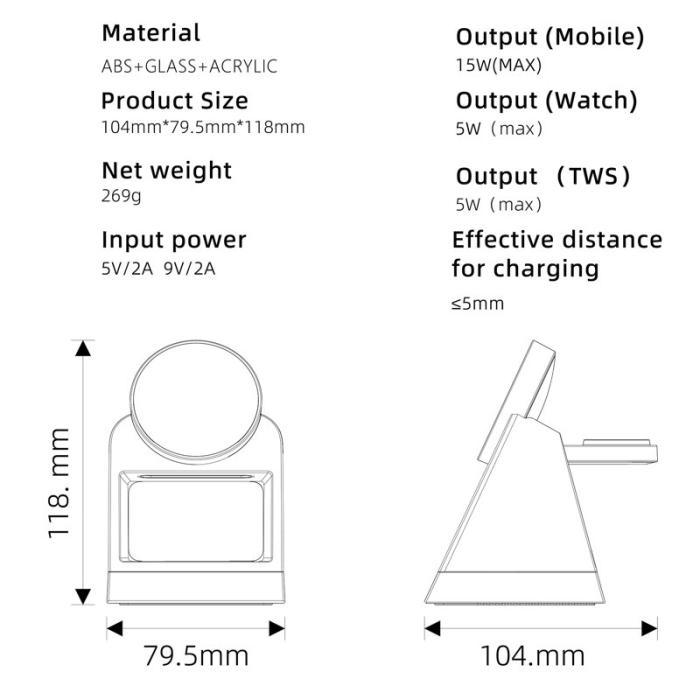 OEM - W83 3-i-1 Magnetisk Trådlös Laddare med Kristall Nattljus - Svart