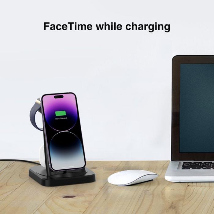 OEM - W-06 4-i-1 Laddare för iPhone 5-14, Hörlurar, Smartwatch - Svart