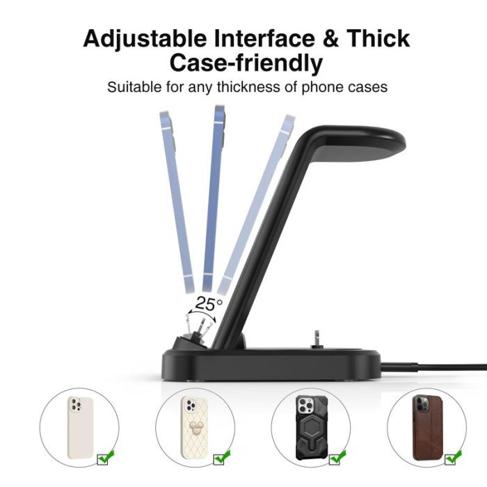 OEM - W-06 4-i-1 Laddare för iPhone 5-14, Hörlurar, Smartwatch - Svart