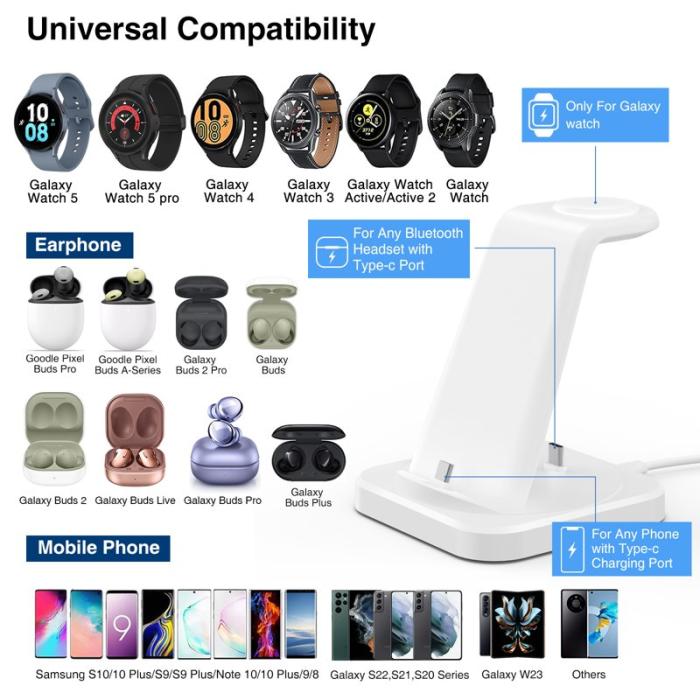 OEM - W-07 4-i-1 Trådlös Laddare för Samsung Galaxy S10/S9 och Galaxy Watch - Vit