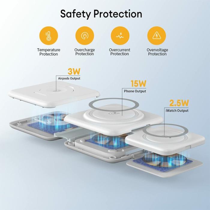 OEM - W-126 3-i-1 Trådlös Magnetisk Laddningsstation för Telefon, Svart
