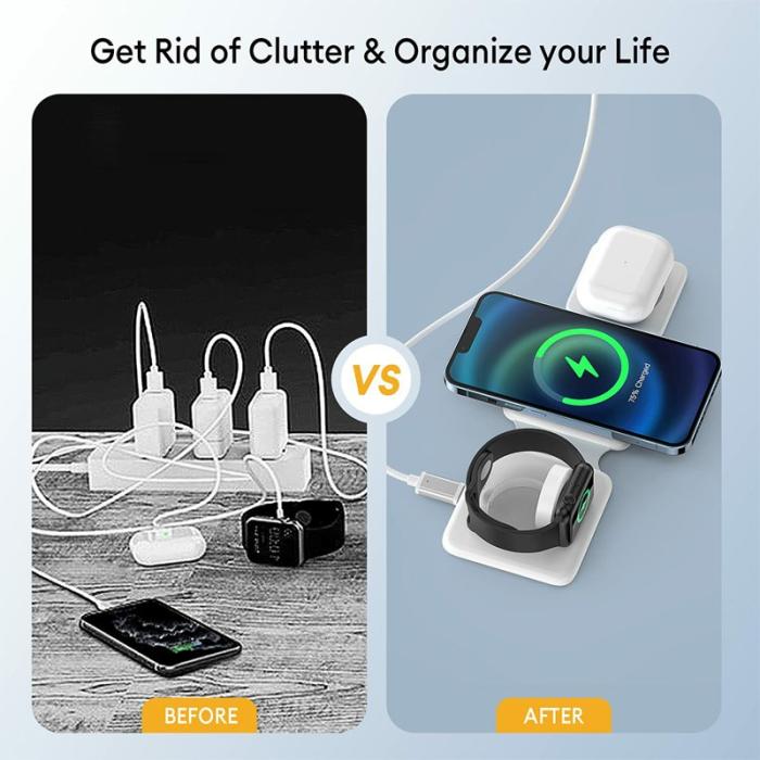 OEM - W-126 3-i-1 Trådlös Magnetisk Laddningsstation för Telefon, Svart