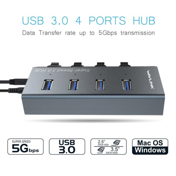 OEM - WAVLINK WL-UH3049 4 USB 3.0 Portar Snabbladdare Station EU Kontakt