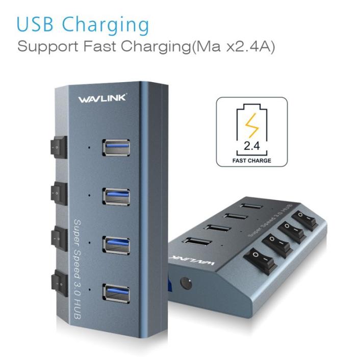 OEM - WAVLINK WL-UH3049 4 USB 3.0 Portar Snabbladdare Station EU Kontakt