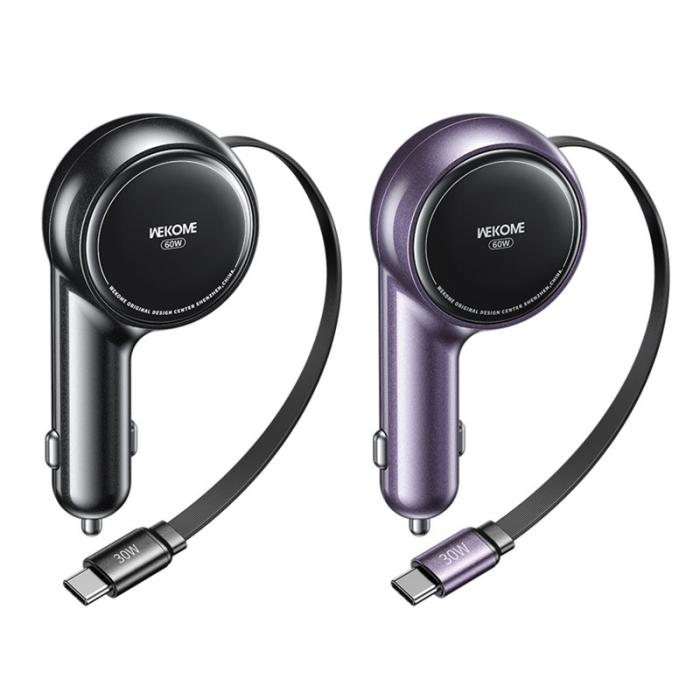 OEM - WEKOME WP-C50 Biladapter 60W Dubbel USB-C Snabbladdare med 0,8m Kabel - Svart