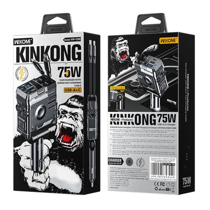 OEM - WEKOME WP-C59 Biladapter 75W Snabbladdning Multi-Port med kabel - Svart