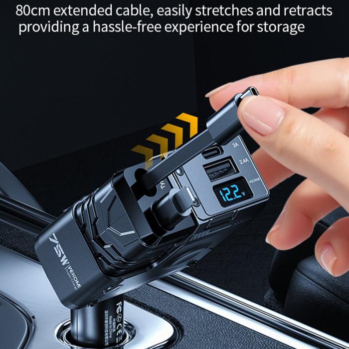 OEM - WEKOME WP-C59 Biladapter 75W Snabbladdning Multi-Port med utdragbar kabel - Vit