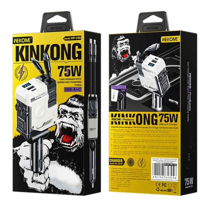 OEM - WEKOME WP-C59 Biladapter 75W Snabbladdning Multi-Port med utdragbar kabel - Vit