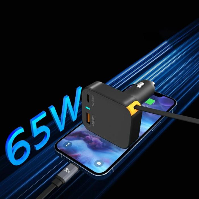 OEM - WIWU Wi-CC033 Helix USB A + Type C Biladapter 65W Snabbladdning med Kabel