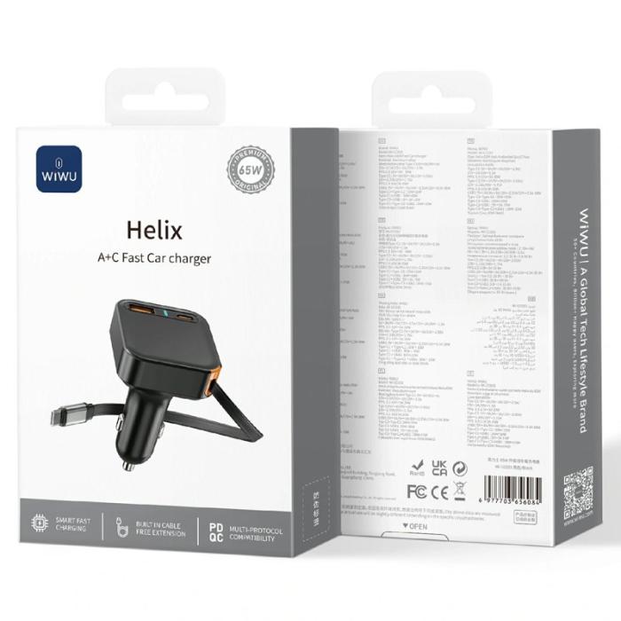 OEM - WIWU Wi-CC033 Helix USB A + Type C Biladapter 65W Snabbladdning med Kabel