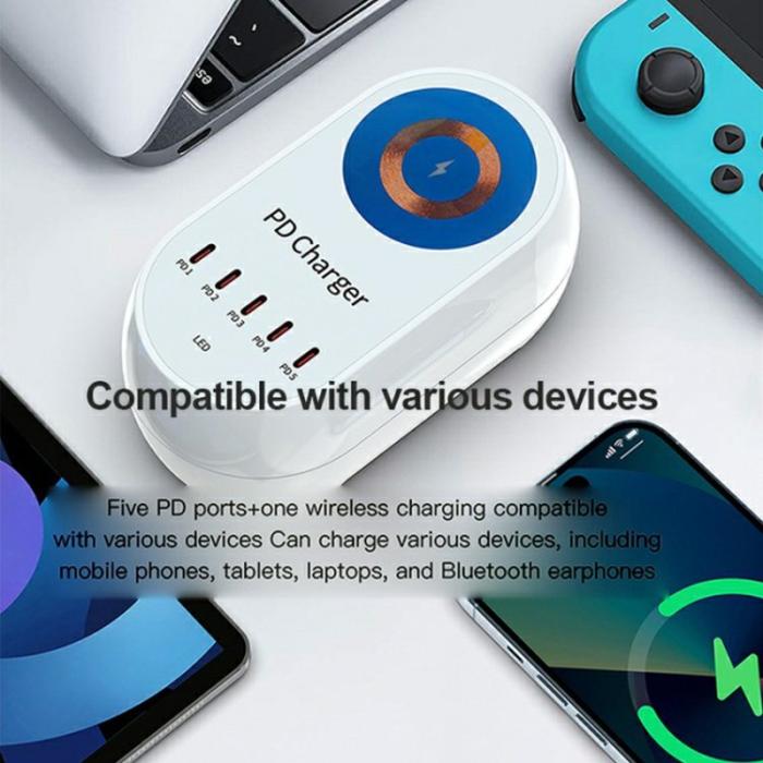 OEM - WLX-810C 140W GaN skrivbordsladdare med 5 PD-portar och 15W trådlös laddning
