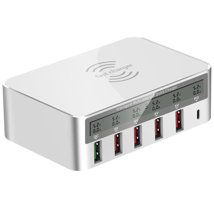 OEM - WLX-818F Trådlös laddare LED-display QC3.0 6 USB - EU-kontakt