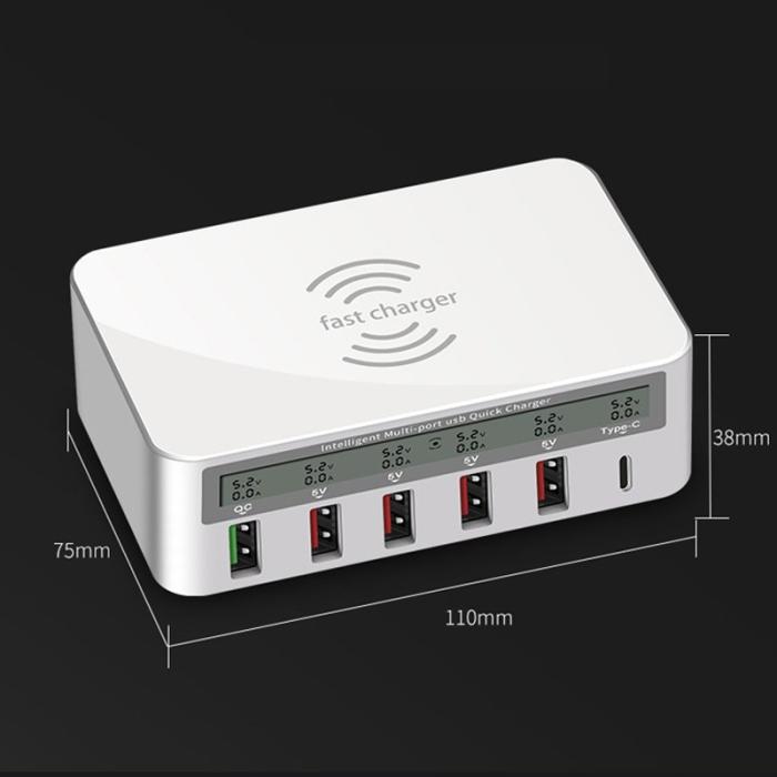 OEM - WLX-818F Trådlös laddare LED-display QC3.0 6 USB - EU-kontakt