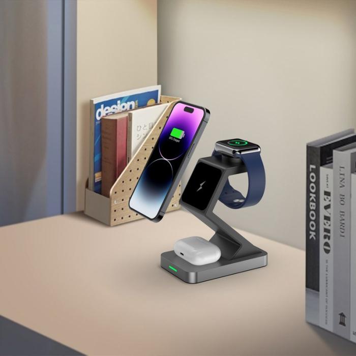 OEM - X3 15W Magnetisk Trådlös Laddare för iPhone/iWatch/AirPods - Svart