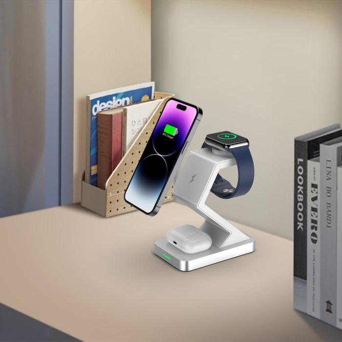 OEM - X3 15W Magnetisk Trådlös Laddare för iPhone/iWatch/AirPods - Vit