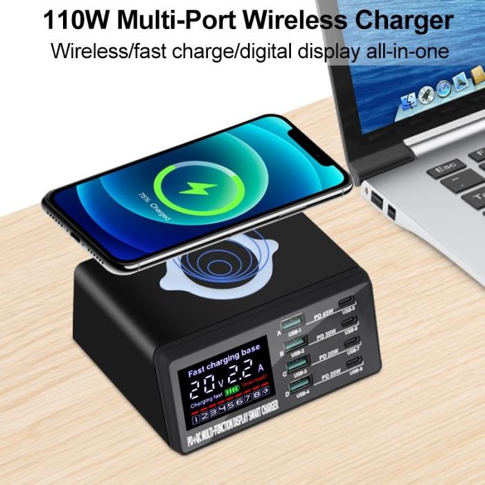 OEM - 110W USB+PD Smart Multi-Port Laddare + Trådlös Laddare för iPhone iPad