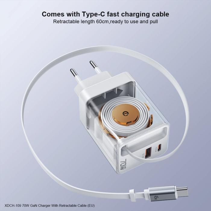 OEM - XUNDD XDCH-109 70W GaN Snabbladdare med utdragbar Type-C-kabel - EU-plugg