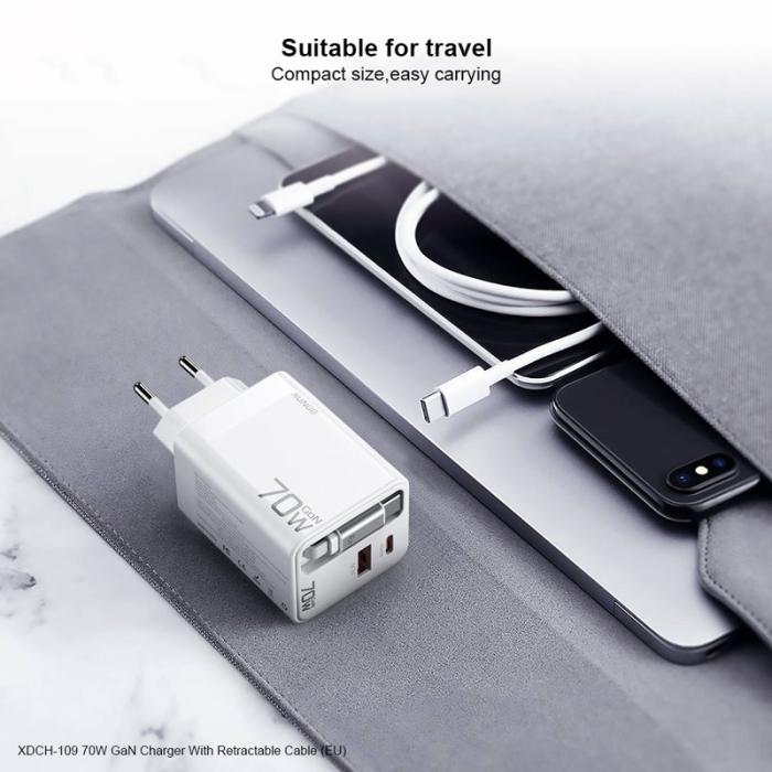 OEM - XUNDD XDCH-109 70W GaN Snabbladdare med utdragbar Type-C-kabel - EU-plugg