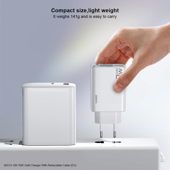 OEM - XUNDD XDCH-109 70W GaN Snabbladdare med utdragbar Type-C-kabel - EU-plugg
